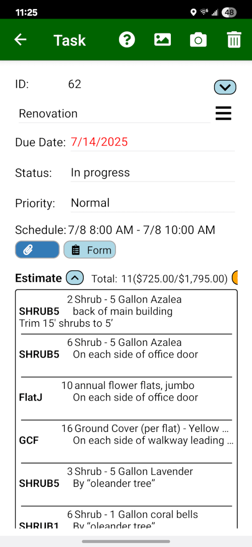 A estimator capturing all necessary items and details for an estimate on-site using the Field Assistant mobile app.