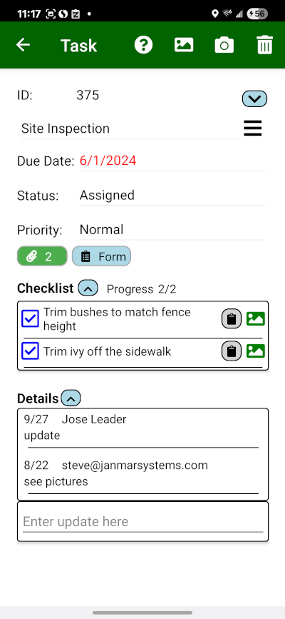 Field Assistant mobile site inspection task for Riverside Commons HOA with checklist, status, and photos