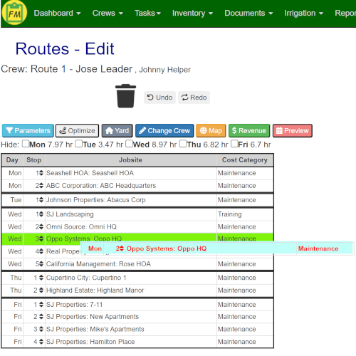 Field Manager route edit screen showing drag-and-drop maintenance route scheduling