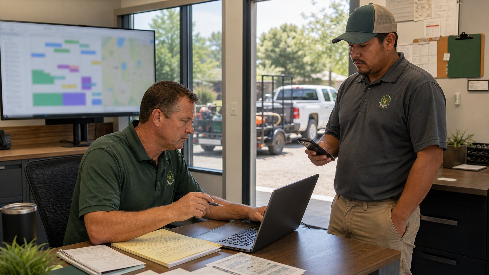 Landscape operations manager coordinating Field Manager office planning with Field Assistant mobile crew updates.